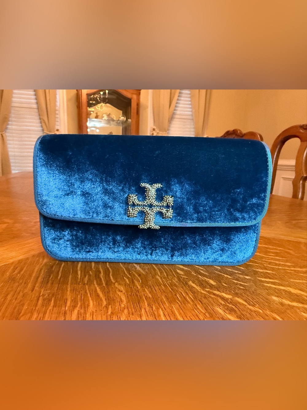 Tory Burch Britten Teal Velvet Rhinestone Logo Clutch